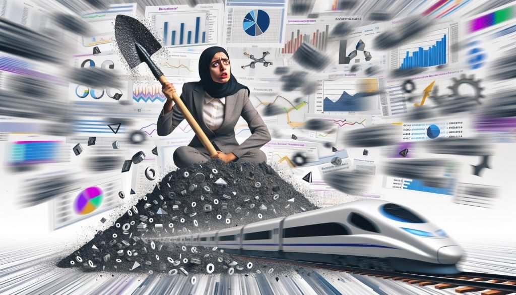 Verwirrter Marketer sitzt auf Datenicons zwischen Analyse-Chaos und vorbeifahrendem Datenzug, stilisierte, moderne Illustration