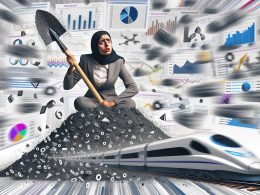Verwirrter Marketer sitzt auf Datenicons zwischen Analyse-Chaos und vorbeifahrendem Datenzug, stilisierte, moderne Illustration