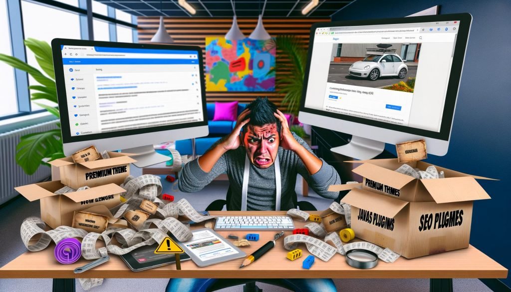Frustrierter WordPress-Seitenbetreiber an einem chaotischen Schreibtisch, langsames Dashboard mit vielen Plugins und Warnhinweisen, umgeben von Kartons mit Aufschriften wie Premium Theme, SEO Plugins und JavaScript.