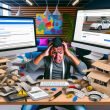 Frustrierter WordPress-Seitenbetreiber an einem chaotischen Schreibtisch, langsames Dashboard mit vielen Plugins und Warnhinweisen, umgeben von Kartons mit Aufschriften wie Premium Theme, SEO Plugins und JavaScript.