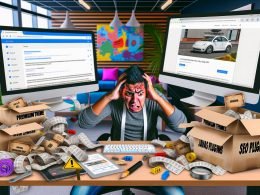 Frustrierter WordPress-Seitenbetreiber an einem chaotischen Schreibtisch, langsames Dashboard mit vielen Plugins und Warnhinweisen, umgeben von Kartons mit Aufschriften wie Premium Theme, SEO Plugins und JavaScript.