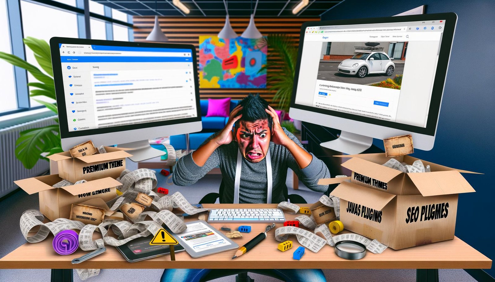 Frustrierter WordPress-Seitenbetreiber an einem chaotischen Schreibtisch, langsames Dashboard mit vielen Plugins und Warnhinweisen, umgeben von Kartons mit Aufschriften wie Premium Theme, SEO Plugins und JavaScript.