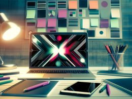 Moderner Arbeitsplatz mit Laptop, auffälliger LinkedIn-Grafik, bunten Post-Its, Stiften, Notizbüchern und Smartphone mit LinkedIn-App.