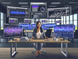 Digitaler Marketer am High-Tech-Arbeitsplatz mit Google Display Network Dashboards, Echtzeit-Banneranzeigen und tabellarischen Feed-Daten, ergänzt durch API-Automatisierung und überholte Konkurrenzanzeigen im Hintergrund.