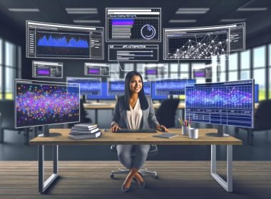 Digitaler Marketer am High-Tech-Arbeitsplatz mit Google Display Network Dashboards, Echtzeit-Banneranzeigen und tabellarischen Feed-Daten, ergänzt durch API-Automatisierung und überholte Konkurrenzanzeigen im Hintergrund.