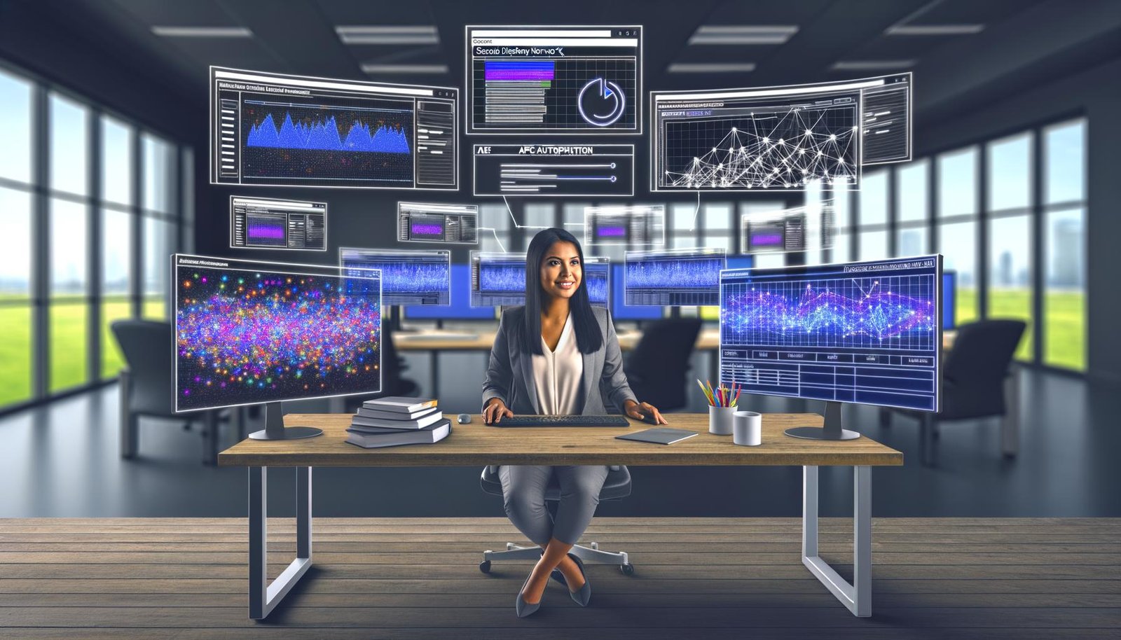 Digitaler Marketer am High-Tech-Arbeitsplatz mit Google Display Network Dashboards, Echtzeit-Banneranzeigen und tabellarischen Feed-Daten, ergänzt durch API-Automatisierung und überholte Konkurrenzanzeigen im Hintergrund.