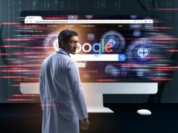 Starker Arzt im weißen Kittel vor Computer mit chaotischem Google-Suchergebnis, Konkurrenz-Ärzte als Silhouetten, digitale Symbole für Algorithmen und Warnungen im Hintergrund.