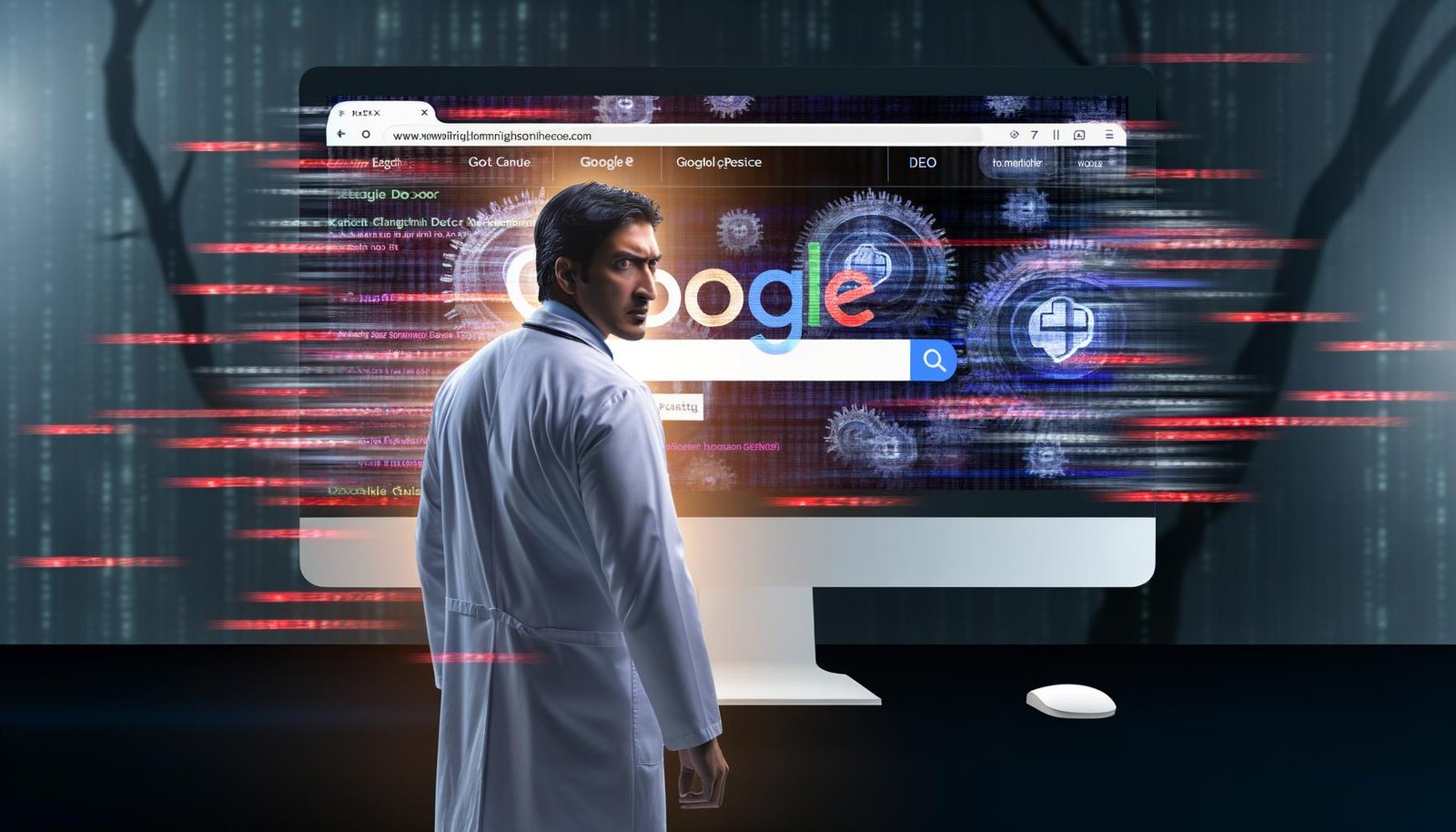 Starker Arzt im weißen Kittel vor Computer mit chaotischem Google-Suchergebnis, Konkurrenz-Ärzte als Silhouetten, digitale Symbole für Algorithmen und Warnungen im Hintergrund.