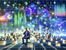 Businessperson vor holografischen Dashboards, von Datenpunkten umgeben, klassische Excel-Tabellen werden von KI-Datenströmen abgelöst, futuristische Stadt im Hintergrund.
