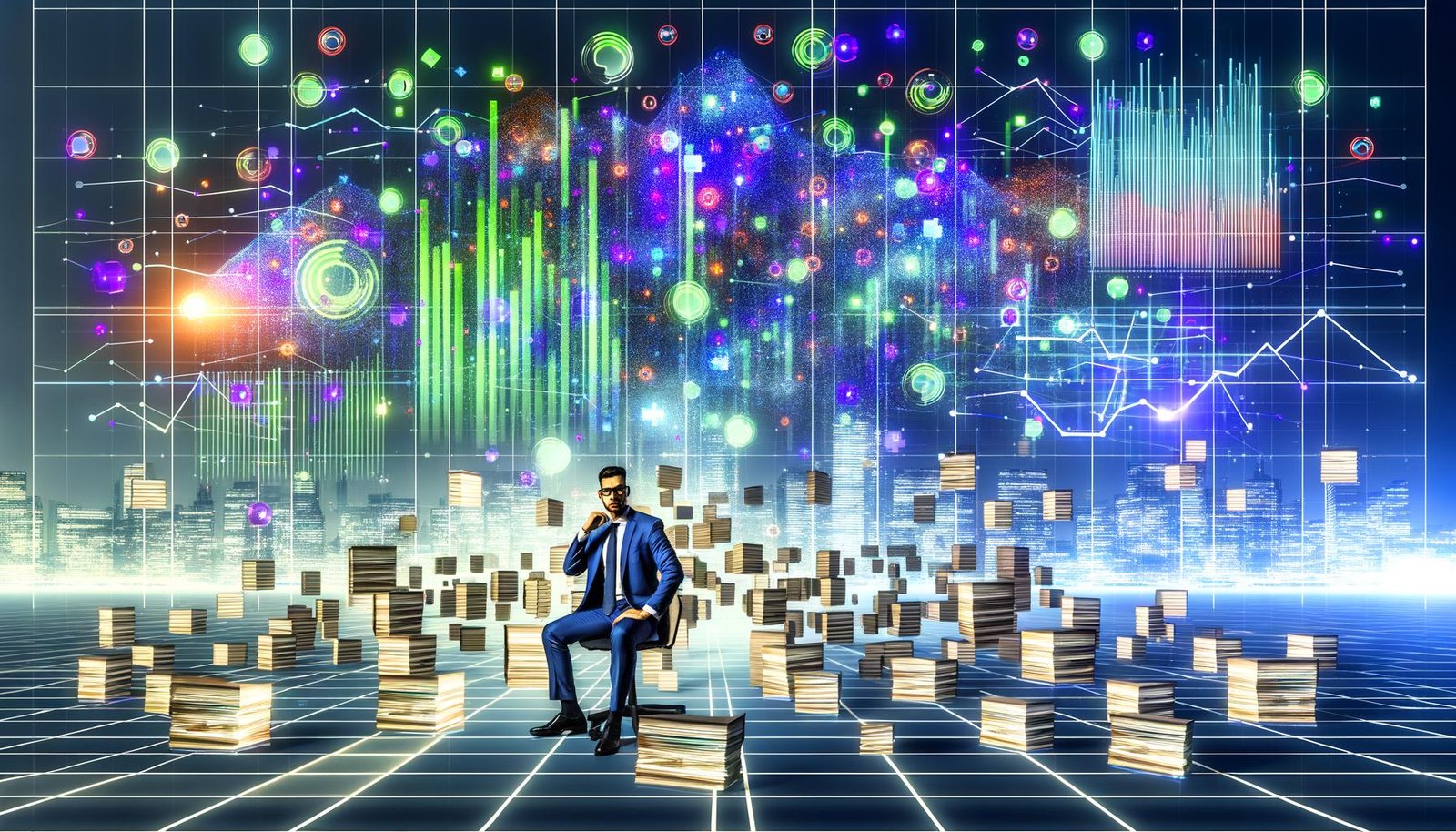 Businessperson vor holografischen Dashboards, von Datenpunkten umgeben, klassische Excel-Tabellen werden von KI-Datenströmen abgelöst, futuristische Stadt im Hintergrund.