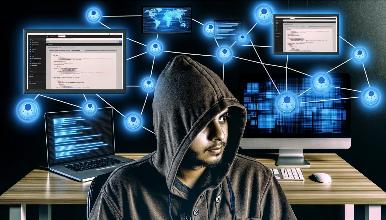 Entwickler mit Kapuzenpullover arbeitet fokussiert an mehreren Screens mit WordPress, CRM-Software und digitalen Netzwerkverbindungen in einem modernen, technisch ausgeleuchteten Büro.