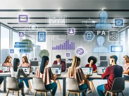 Junge PR-Mitarbeiter arbeiten an Laptops in einem modernen, hellen Büro mit digitalen Dashboards, klassischen PR-Tools und KI-Symbolen an Wänden und Bildschirmen.