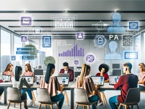 Junge PR-Mitarbeiter arbeiten an Laptops in einem modernen, hellen Büro mit digitalen Dashboards, klassischen PR-Tools und KI-Symbolen an Wänden und Bildschirmen.