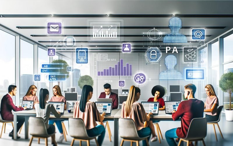 Junge PR-Mitarbeiter arbeiten an Laptops in einem modernen, hellen Büro mit digitalen Dashboards, klassischen PR-Tools und KI-Symbolen an Wänden und Bildschirmen.