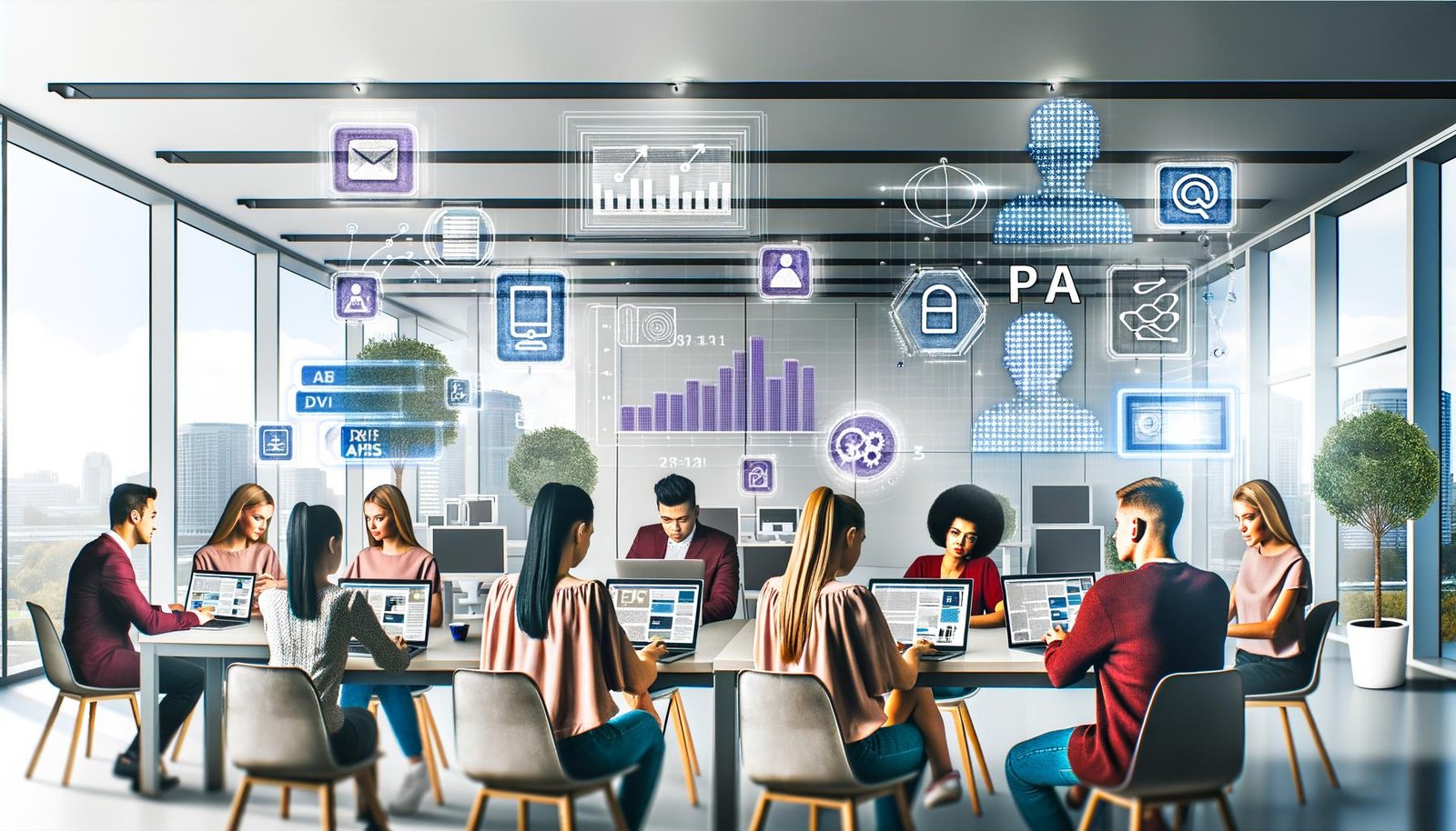 Junge PR-Mitarbeiter arbeiten an Laptops in einem modernen, hellen Büro mit digitalen Dashboards, klassischen PR-Tools und KI-Symbolen an Wänden und Bildschirmen.