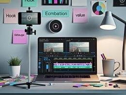 Moderner, aufgeräumter Workspace für Content Creator mit Smartphone auf Stativ, Videobearbeitung auf dem Laptop, Notizzettel mit Tipps zur Content-Erstellung, und einem Analyse-Monitor.