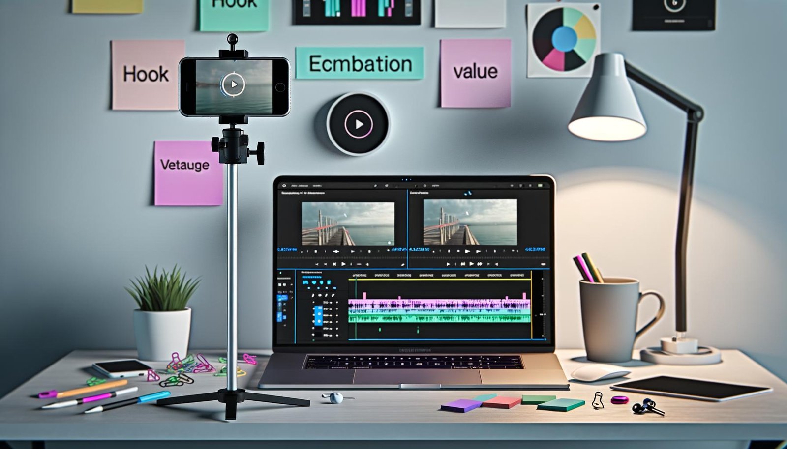 Moderner, aufgeräumter Workspace für Content Creator mit Smartphone auf Stativ, Videobearbeitung auf dem Laptop, Notizzettel mit Tipps zur Content-Erstellung, und einem Analyse-Monitor.