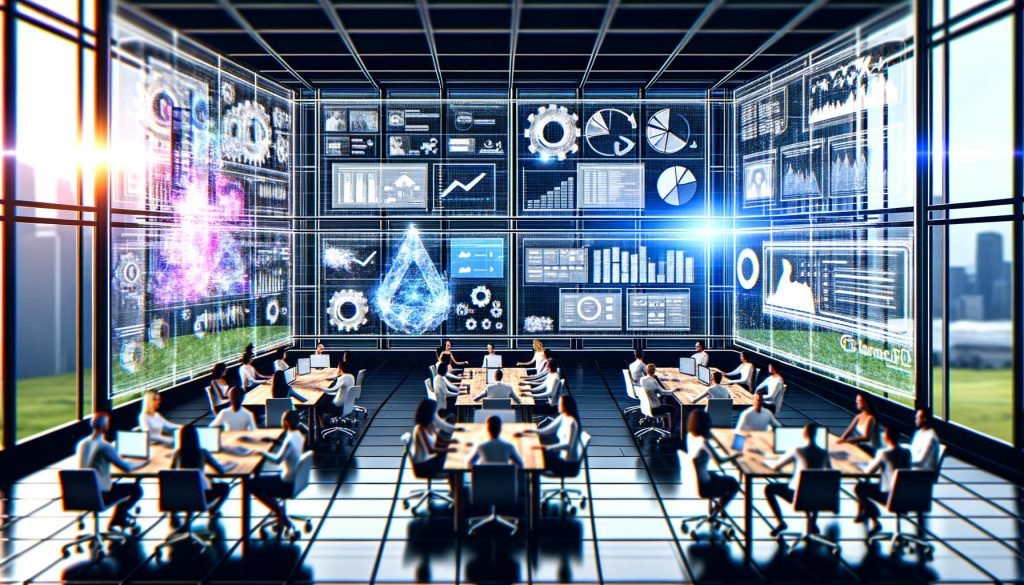 Marketingprofis analysieren Datenvisualisierungen und erstellen modulare Werbeanzeigen an einem futuristischen Kontrollzentrum mit Google-Branding.