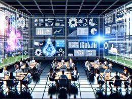 Marketingprofis analysieren Datenvisualisierungen und erstellen modulare Werbeanzeigen an einem futuristischen Kontrollzentrum mit Google-Branding.