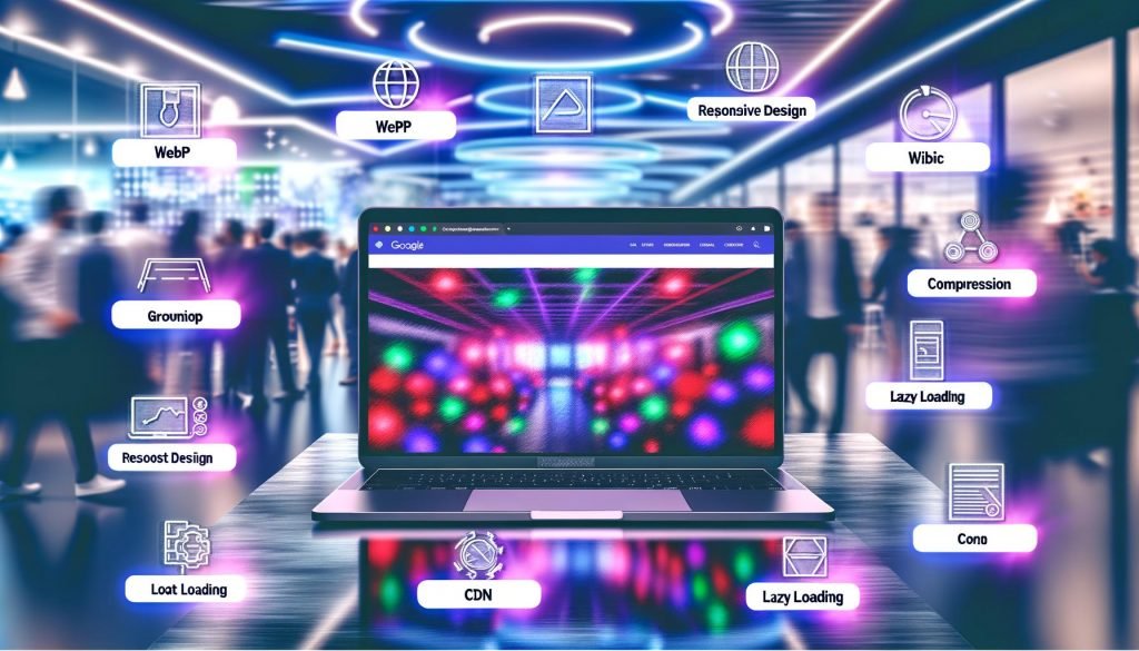 Futuristisches Laptop-Setup in einem modernen Büro mit bunter Website, optimierten Bildern, hervorgehobenen Alt-Texten, SEO-Symbolen wie WebP, AVIF und CDN sowie Google-Suchergebnissen als Überlagerung.