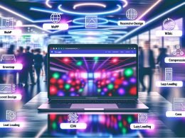 Futuristisches Laptop-Setup in einem modernen Büro mit bunter Website, optimierten Bildern, hervorgehobenen Alt-Texten, SEO-Symbolen wie WebP, AVIF und CDN sowie Google-Suchergebnissen als Überlagerung.