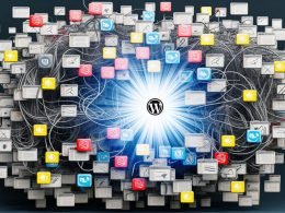 Chaotisches WordPress-Dashboard mit Plugins, Benachrichtigungen und Datenströmen, zentral ein strahlender Daten-Hub für Ordnung und Kontrolle