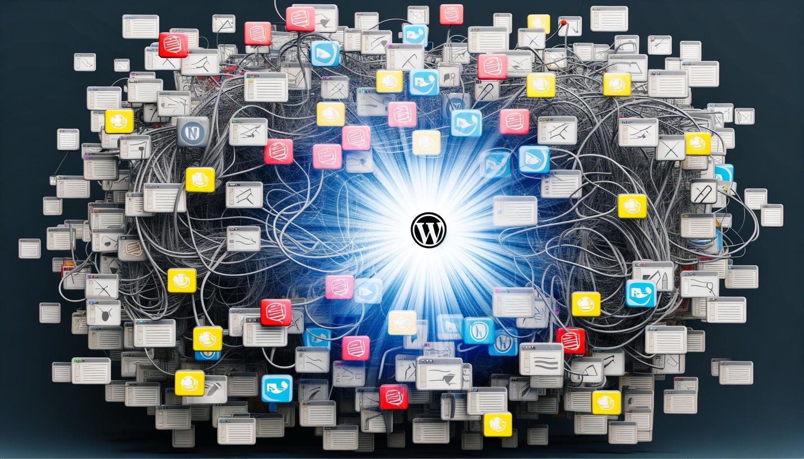 Chaotisches WordPress-Dashboard mit Plugins, Benachrichtigungen und Datenströmen, zentral ein strahlender Daten-Hub für Ordnung und Kontrolle
