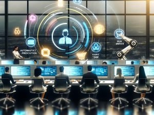 Moderne PR-Agentur mit vielfältigem Team, großen Bildschirmen, Automatisierung durch Roboterarme und digitale Workflows im hellen Büroraum