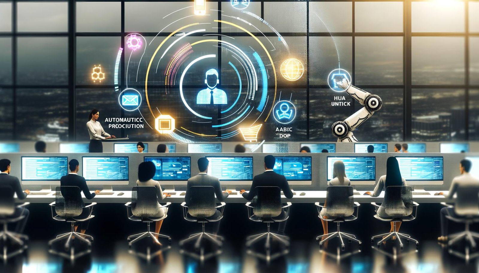 Moderne PR-Agentur mit vielfältigem Team, großen Bildschirmen, Automatisierung durch Roboterarme und digitale Workflows im hellen Büroraum