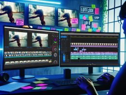 Social-Media-Creator an modernem Editing-Setup mit mehreren Monitoren, auf denen vertikale Instagram Reel-Loops, Audio-Wellenformen und Farbkorrekturtools zu sehen sind, im Hintergrund bunte Moodboards und Pflanzen.