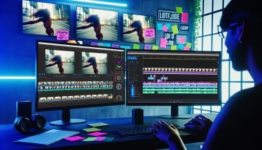 Social-Media-Creator an modernem Editing-Setup mit mehreren Monitoren, auf denen vertikale Instagram Reel-Loops, Audio-Wellenformen und Farbkorrekturtools zu sehen sind, im Hintergrund bunte Moodboards und Pflanzen.