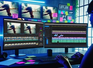 Social-Media-Creator an modernem Editing-Setup mit mehreren Monitoren, auf denen vertikale Instagram Reel-Loops, Audio-Wellenformen und Farbkorrekturtools zu sehen sind, im Hintergrund bunte Moodboards und Pflanzen.