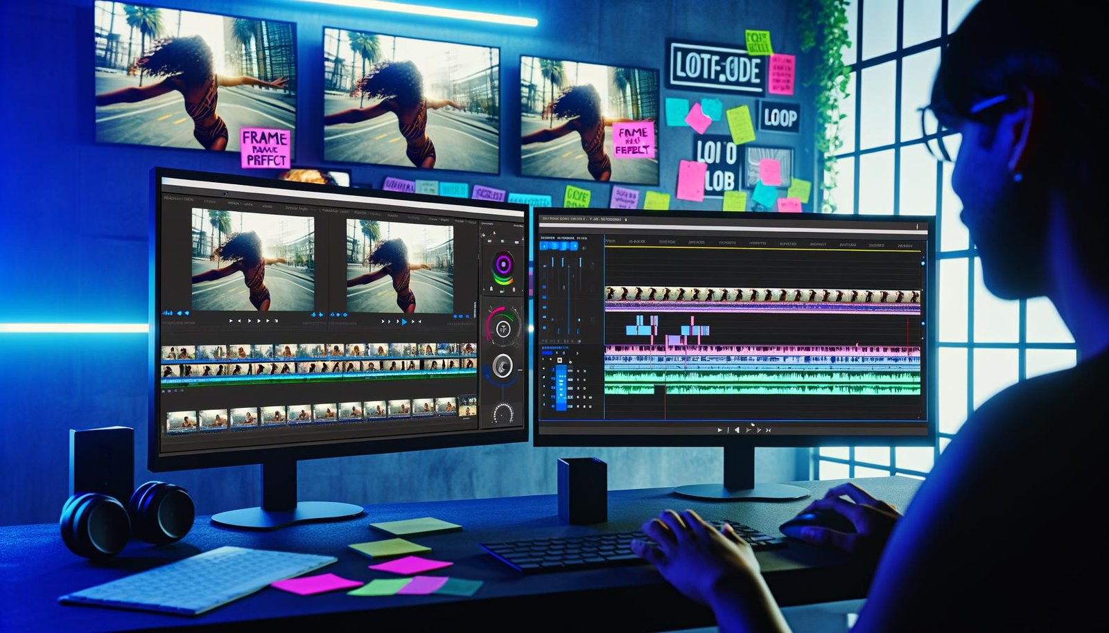 Social-Media-Creator an modernem Editing-Setup mit mehreren Monitoren, auf denen vertikale Instagram Reel-Loops, Audio-Wellenformen und Farbkorrekturtools zu sehen sind, im Hintergrund bunte Moodboards und Pflanzen.