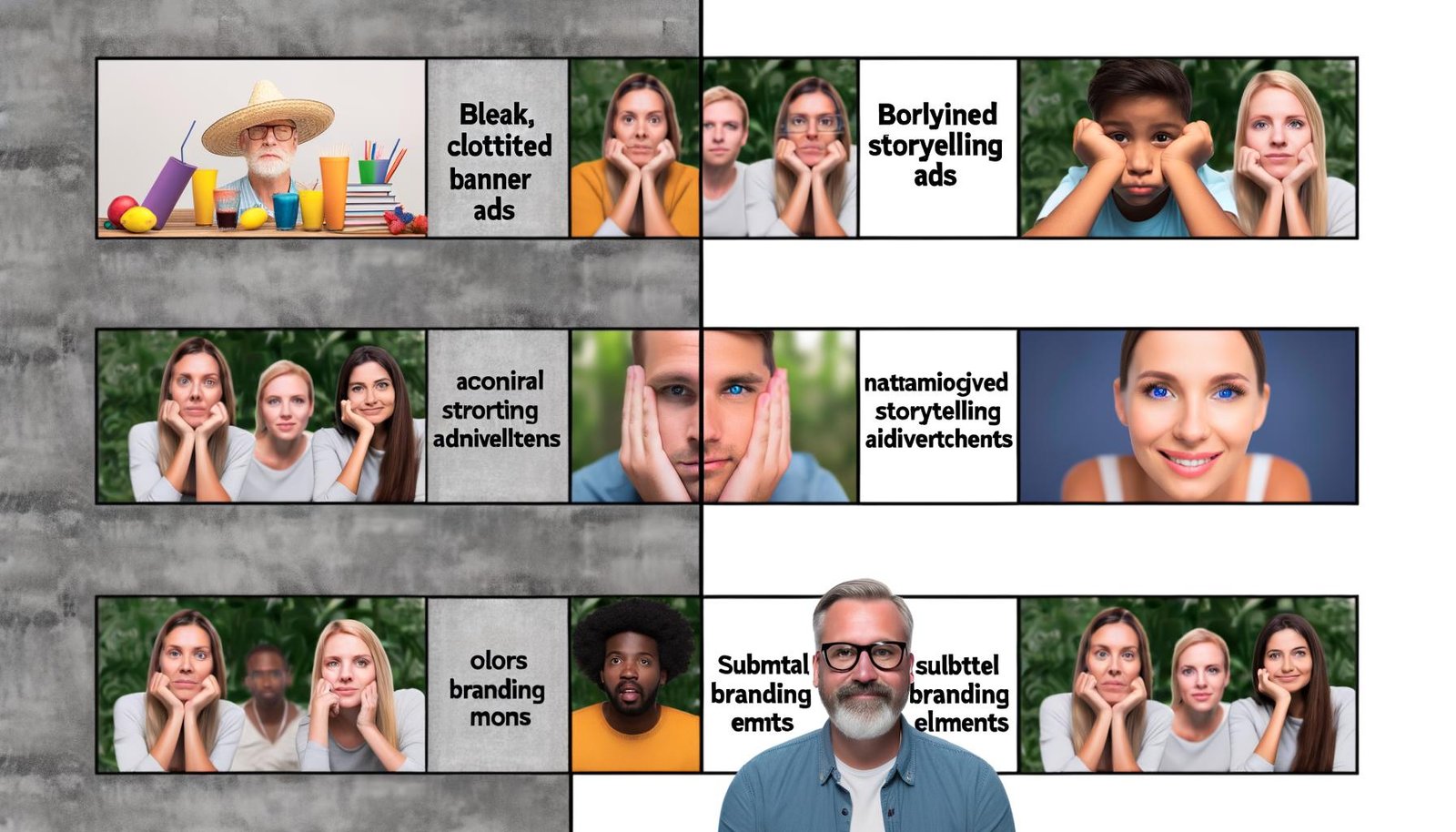Geteiltes Bild mit links überladener Website voller blinkender Banneranzeigen und gelangweilten Nutzern, rechts harmonische Website mit nativen Storytelling-Ads und engagierten, glücklichen Usern.
