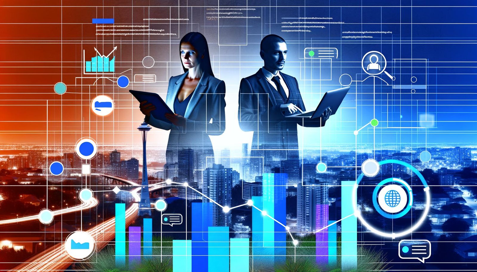 Titelbild im Stil eines Wirtschaftsmagazins mit urbaner Skyline, Geschäftspersonen, SEO- und SEM-Symbolik, aufsteigenden Diagrammen und digitalen Anzeigen, in kräftigem Blau, Neon-Orange und Grau.