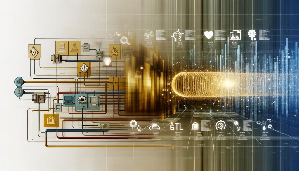 Modernes Titelbild mit Datenpipeline, Rohdaten links, strukturierte Data-Insights rechts, umgeben von digitalen Grafikelementen, Diagrammen, Dashboards und technischen Symbolen.
