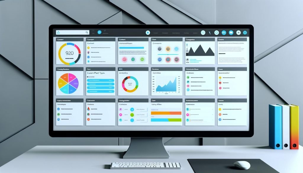 Modernes, sauber organisiertes WordPress Integration Dashboard mit farbcodierten Modulen auf einem großen Monitor in minimalistischem Arbeitsplatz.