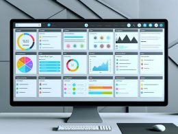 Modernes, sauber organisiertes WordPress Integration Dashboard mit farbcodierten Modulen auf einem großen Monitor in minimalistischem Arbeitsplatz.