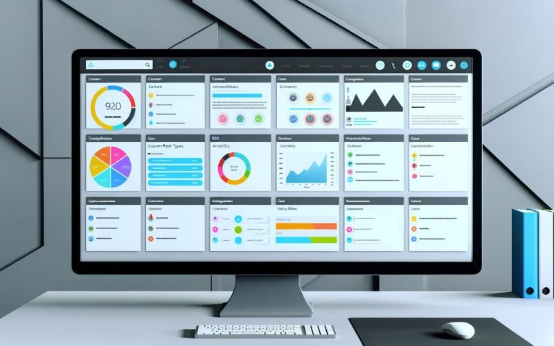 Modernes, sauber organisiertes WordPress Integration Dashboard mit farbcodierten Modulen auf einem großen Monitor in minimalistischem Arbeitsplatz.