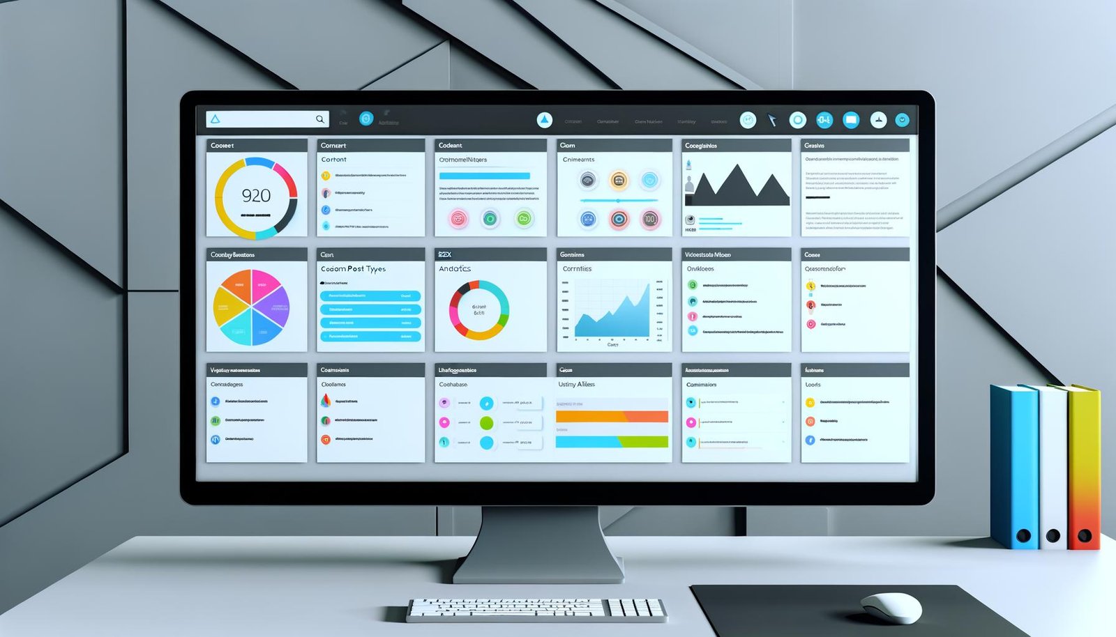 Modernes, sauber organisiertes WordPress Integration Dashboard mit farbcodierten Modulen auf einem großen Monitor in minimalistischem Arbeitsplatz.