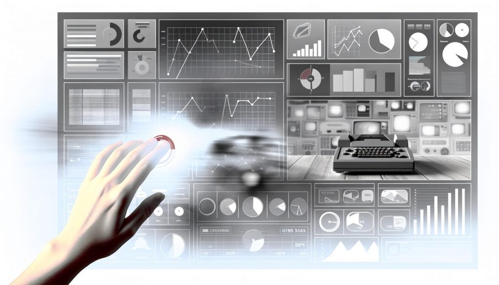 Zentrale Hand wischt grauen Nebel von einem Dashboard mit Zahlen, Diagrammen und KPIs, während im Hintergrund alte Medien wie Faxgeräte unscharf erscheinen.