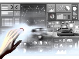 Zentrale Hand wischt grauen Nebel von einem Dashboard mit Zahlen, Diagrammen und KPIs, während im Hintergrund alte Medien wie Faxgeräte unscharf erscheinen.