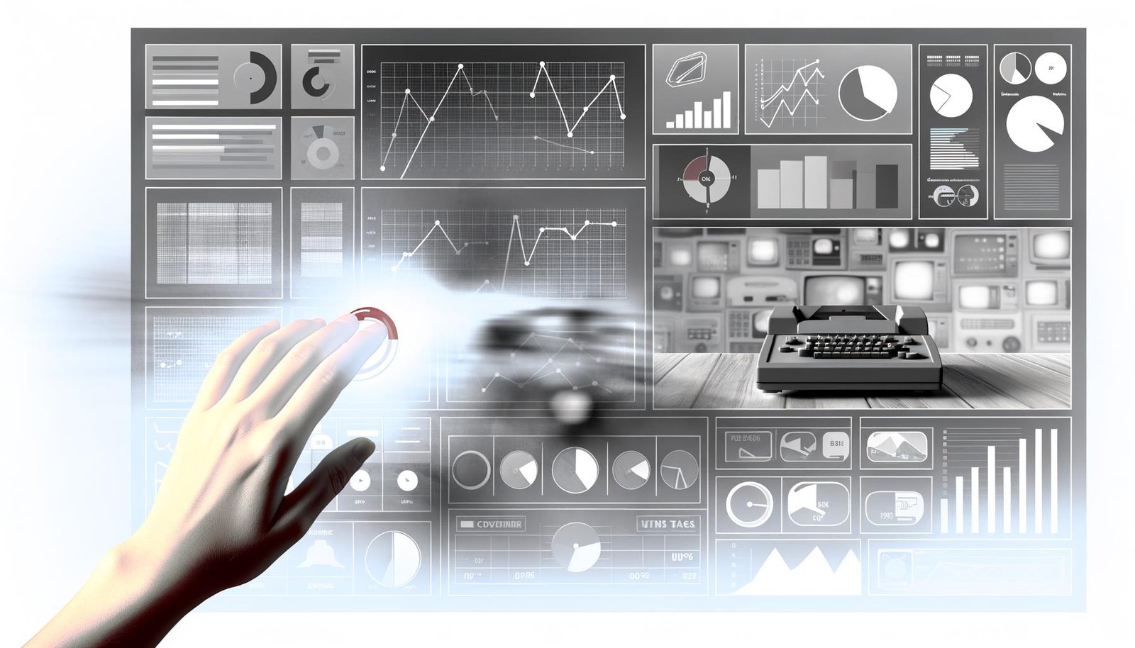 Zentrale Hand wischt grauen Nebel von einem Dashboard mit Zahlen, Diagrammen und KPIs, während im Hintergrund alte Medien wie Faxgeräte unscharf erscheinen.
