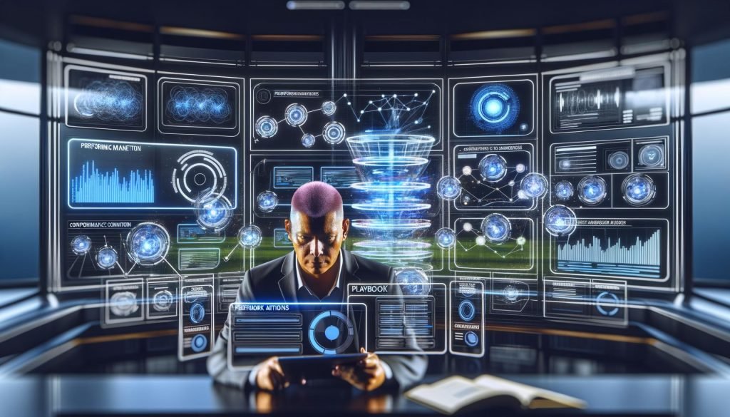 Futuristisches Kontrollzentrum mit Performance-Marketer vor Bildschirmen voller Daten, KI-Signale und Google-Logos; Echtzeit-Dynamik von Budgets und Zielgruppen werden visualisiert.