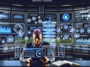 Futuristisches Kontrollzentrum mit Performance-Marketer vor Bildschirmen voller Daten, KI-Signale und Google-Logos; Echtzeit-Dynamik von Budgets und Zielgruppen werden visualisiert.
