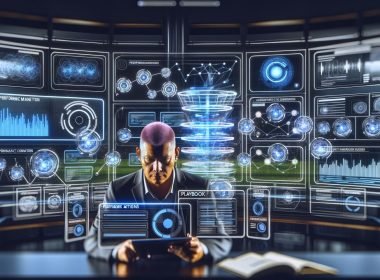 Futuristisches Kontrollzentrum mit Performance-Marketer vor Bildschirmen voller Daten, KI-Signale und Google-Logos; Echtzeit-Dynamik von Budgets und Zielgruppen werden visualisiert.