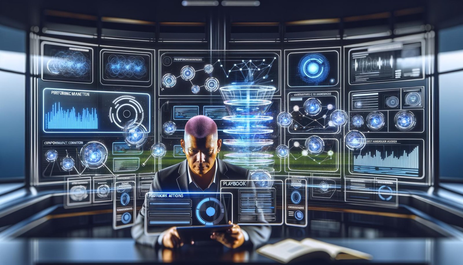 Futuristisches Kontrollzentrum mit Performance-Marketer vor Bildschirmen voller Daten, KI-Signale und Google-Logos; Echtzeit-Dynamik von Budgets und Zielgruppen werden visualisiert.