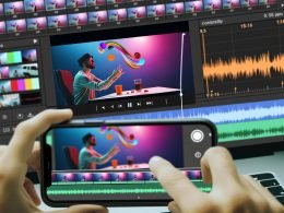 Dynamische Collage mit mehreren Smartphones, die perfekt geloopte Instagram Reels präsentieren. Zentral jongliert ein Mann bunte Gegenstände. Im Hintergrund Editing-Tools, Schnittprogramm und dezenter Glitch-Effekt.