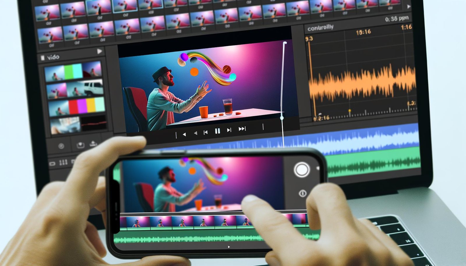 Dynamische Collage mit mehreren Smartphones, die perfekt geloopte Instagram Reels präsentieren. Zentral jongliert ein Mann bunte Gegenstände. Im Hintergrund Editing-Tools, Schnittprogramm und dezenter Glitch-Effekt.