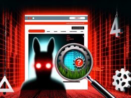 Stilisierte Website mit glänzendem Frontend, darunter rot blinkende Fehler-Codes, zerbrochene Zahnräder, Risse im Quellcode unter einer Lupe und ein erschrockener Betreiber im Tech-Noir-Look.